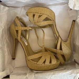 NINA New York SENORA Platform Evening Sandals Heels Gold Glitter